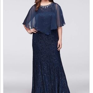 Ignite Evenings Long Lace Dress W/ Beaded Capelet
